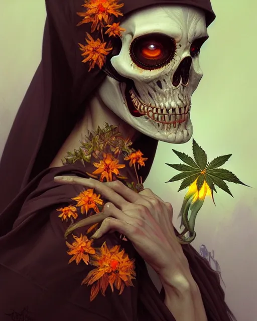 Prompt: portrait of grim reaper, burning face, upper body, decorated with cannabis flowers, intricate, elegant, highly detailed, digital painting, artstation, concept art, smooth, sharp focus, illustration, art by artgerm and greg rutkowski and alphonse mucha, 8 k