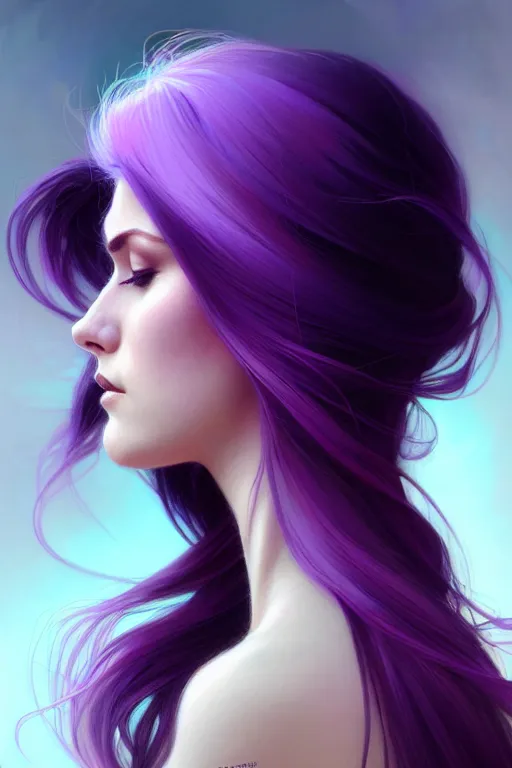 Image similar to Purple hair, creative colouring Portrait of woman face profile, fashion, colored strands of hair, intricate, elegant, highly detailed, digital painting, artstation, concept art, smooth, sharp focus, illustration, art by artgerm and greg rutkowski and alphonse mucha
