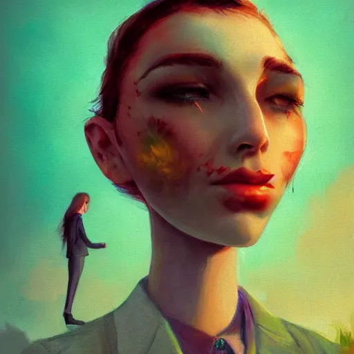 Image similar to closeup, huge rose flower face, frontal, a girl in a suit, surreal photography, sunrise, dramatic light, impressionist painting, digital painting, artstation, simon stalenhag