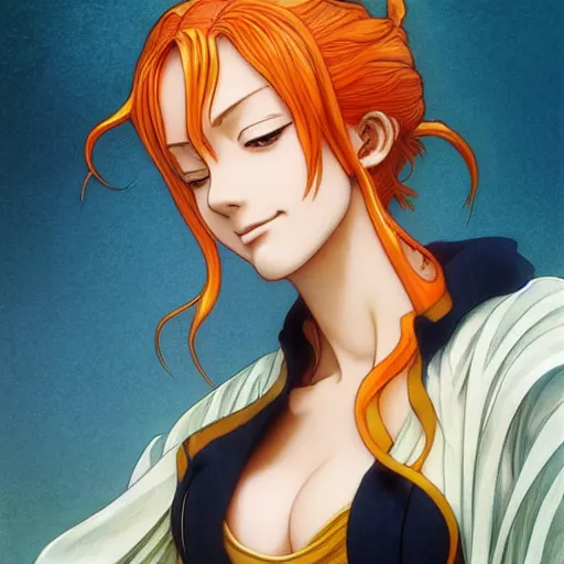 Image similar to intricately detailed vfx portrait of nami from one piece by eiichiro oda, makoto shinkai, alphonse mucha, art by artgerm and greg rutkowski, best of behance, concept art, matte, sharp focus, orange hair, elegant, adolphe bouguereau, annie leibovitz, stanley kubrick, cel shading, tone mapped,