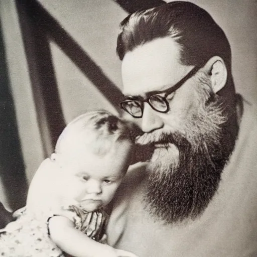 Image similar to laszlo moholy - nagy painting of beard grandpa taking a photo to a baby girl