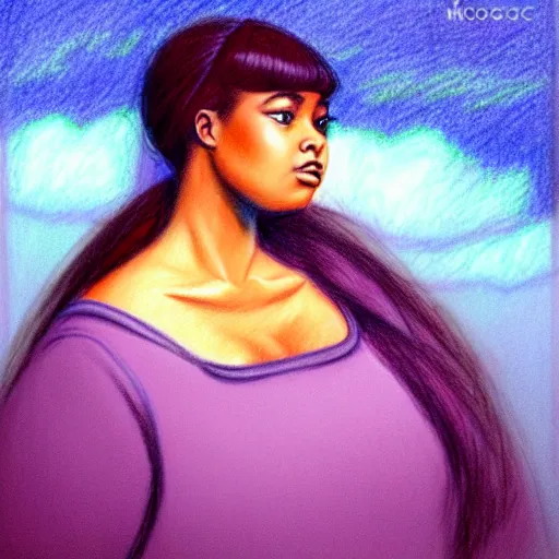 Image similar to crayon drawing of ☁✨🌙👩🏾, plus size woman, soft elegant gown, neon god of city character portrait, in the style of margaret keane, moebius, tom bagshaw, and waterhouse, cinematic lighting, beautiful, elegant, oil painting,