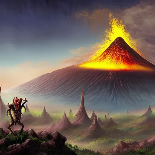 Image similar to a highly detailed goblin with dark skin and yellow eyes that glow, Like magic the gathering, goblin chainwalker, with a volcano in the background, digital art, by Christopher rush