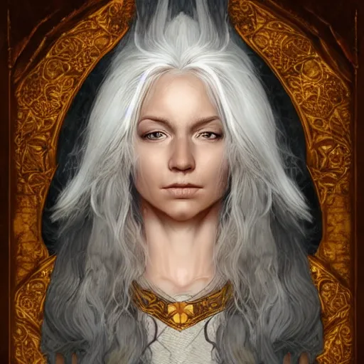 Prompt: Magnificent portrait of a Nordic God mother with white hair, fantasy, medieval, highly detailed, Artstation