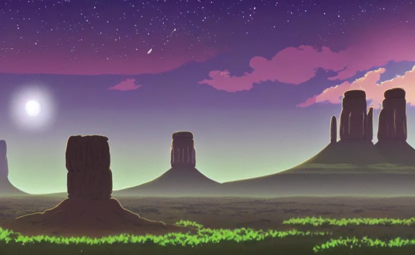 Prompt: a cell - shaded studio ghibli concept art of a ufo shining a spotlight on a lush temple that looks like monument valley stonehenge jungle on a misty starry night. very dull colors, hd, 4 k, hq