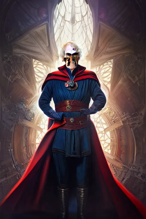 Image similar to Boris Johnson as Doctor Strange, armor plate, realistic portrait, symmetrical, highly detailed, digital painting, artstation, concept art, smooth, sharp focus, illustration, cinematic lighting, art by artgerm and greg rutkowski and alphonse mucha