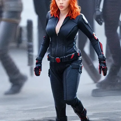 Prompt: Scarlett Johansson pregnant as Black Widow in Marvel The Avengers movie scene