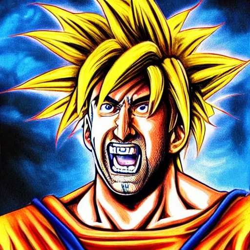 Image similar to nic cage as goku, buff, painted portrait, highly detailed,