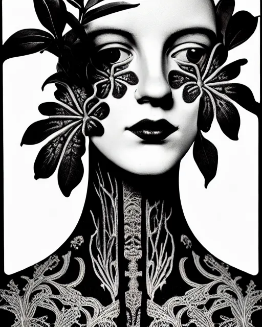 Prompt: masterpiece monochrome profile portrait painting, dutch masters, silver lace floral steampunk biomechanical beautiful one techno eye young female cyborg, big monocular, volumetric light, leaves foliage and stems, hibiscus flowers, by man ray, rim light, big gothic fashion pearl embroidered collar, 8 k