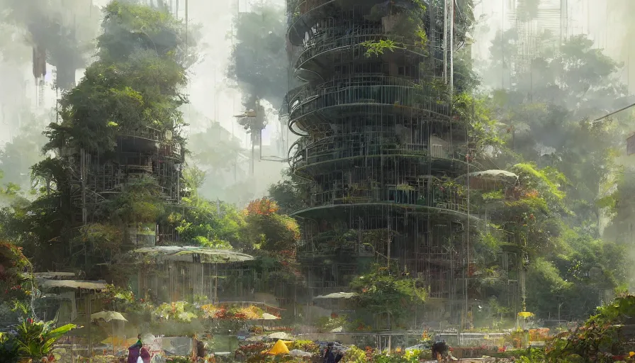 Prompt: craig mullins and ghibli digital illustration tall vertical farms, hydroponics, colorful, unreal engine, hyper realism, realistic shading, cinematic composition, realistic render, octane render, detailed textures, photorealistic, wide shot