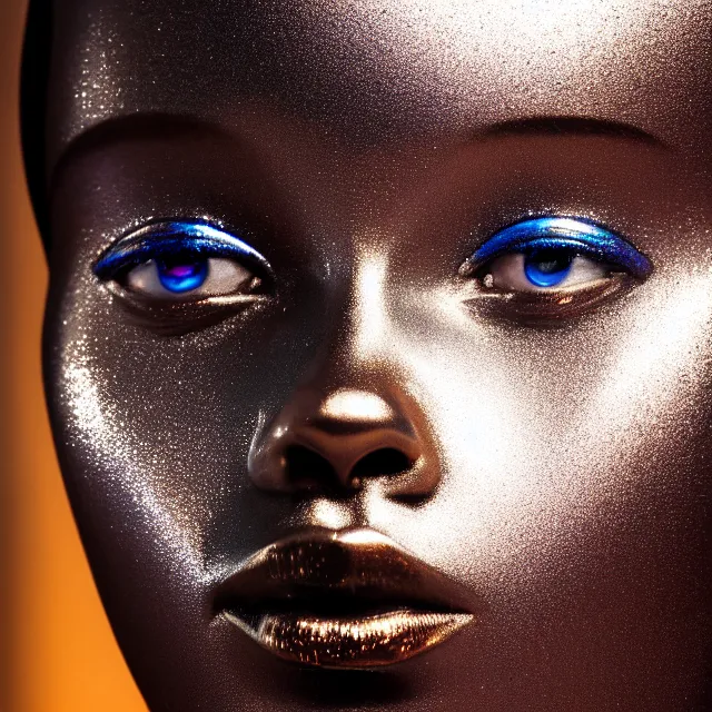 Image similar to portrait of metallic face, african woman, mercury, mirror reflections, smooth, liquid metal, proud, looking away, outdoor, blue sky, 8 k, realistic, depth of field, highly detailed, award winning photography