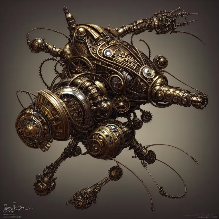 Image similar to steampunk robot fly, 3 d model, unreal engine realistic render, 8 k, micro detail, intricate, elegant, highly detailed, centered, digital painting, artstation, smooth, sharp focus, illustration, artgerm, tomasz alen kopera, peter mohrbacher, donato giancola, joseph christian leyendecker, wlop, boris vallejo