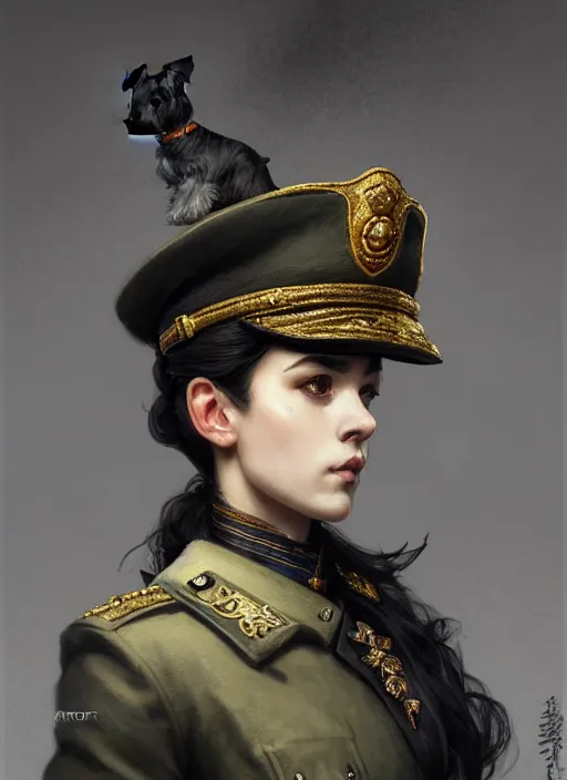 Image similar to portrait of stoic looking miniature schnauzer, military uniform, black fir, white eyebrows, fantasy, intricate, elegant, highly detailed, centered, dark, smokey, digital painting, artstation, concept art, smooth, sharp focus, illustration, art by artgerm and greg rutkowski and alphonse mucha