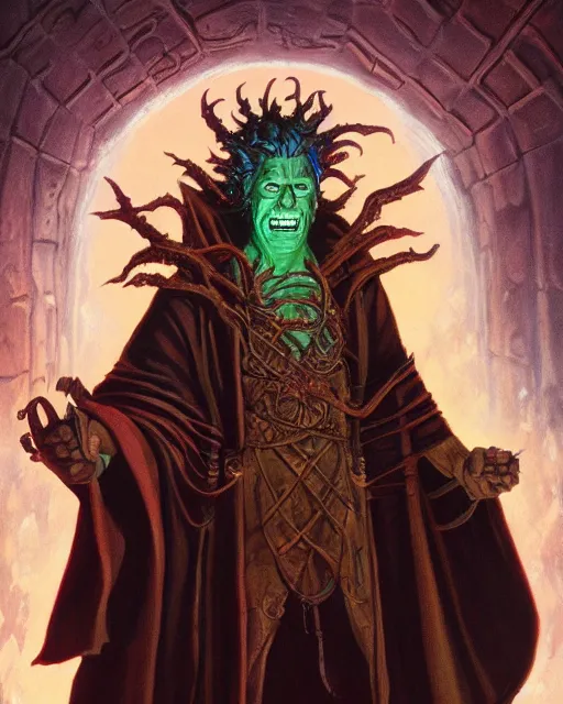 Image similar to portrait of Rick Sanchez as a powerful dungeons and dragons warlock, wearing dark robe, intricately detailed, lovecraftian, realistic, oil painting, by jeff easley, boris vallejo, cinematic lighting