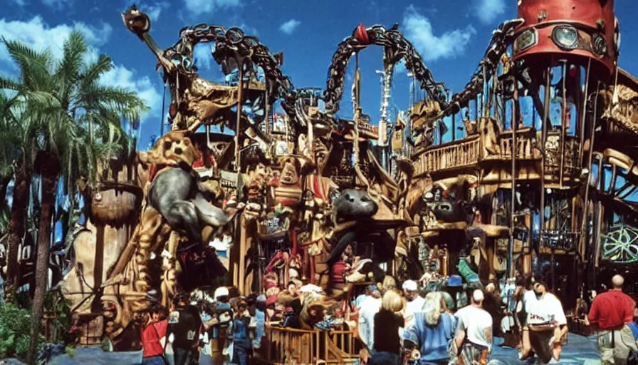 Image similar to 1990s photo of inside the Dogboy's Pirate Adventures ride ride at Universal Studios in Orlando, Florida, riding an animatronic dog through a Pirate village , cinematic, UHD