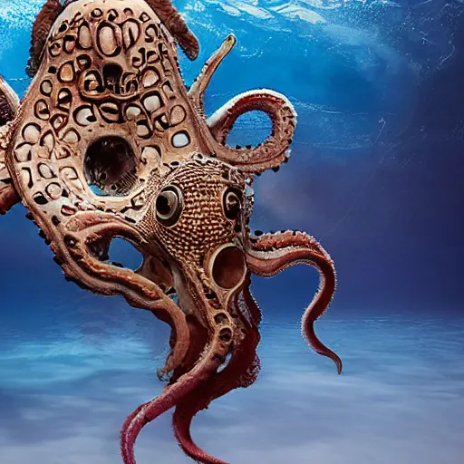 Image similar to octopus made out of evil skull with horns, beautiful underwater nature photograph with dynamic lighting and murky water