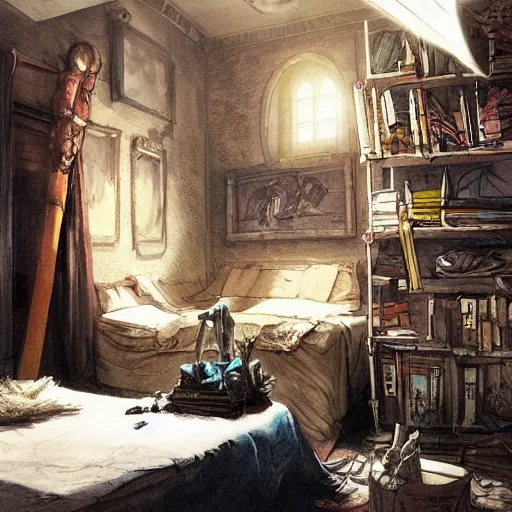 Prompt: detailed room in the sewer lair The room is a clean and delicate room ,over the bed there is a sword rack ,everything is neat ,stack of comics on the floor,soft,light,bright,epic,awesome,digital art, by Simon beak and Greg rutkowski