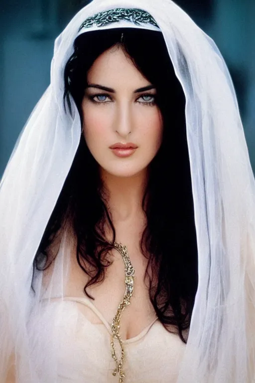 Image similar to young arab Monica Bellucci, blue eyes, long wavy black hair, white veil, closeup, focus, colored, middle eastern