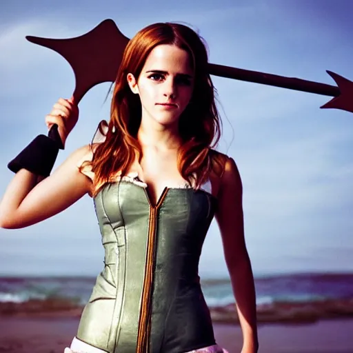 Image similar to a full body photo of emma watson as nami from one piece holding a trident in one hand, award winning photography, 50 mm, perfect faces.