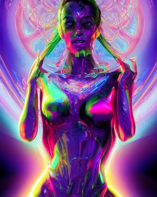 Image similar to a powerful energy psychedelic matrix woman, by alexander fedosav, hyper detailed digital matte painting, concept art, hyperrealism, 1 6 k resolution, cinema 4 d, 8 k resolution, trending on artstation, behance hd, a masterpiece, by stephan martiniere, particles, cel - shaded, power bright neon energy, by david a. hardy,