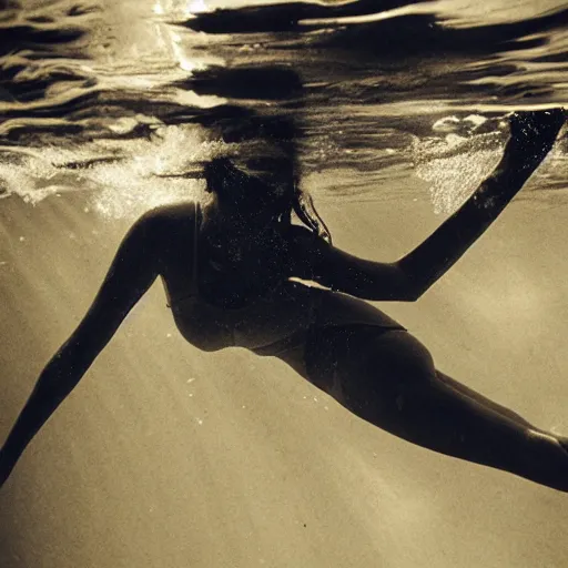 Image similar to a woman swimming underwater in murky muddy water and ink, backlighting