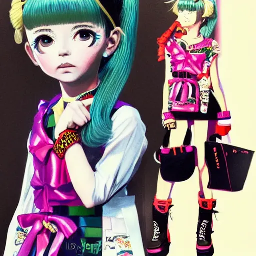 Image similar to little girl wearing an gucci's outfit. art by ilya kuvshinov, profile picture, inspired by hirohiko araki, highly detailed, 8 0 s anime art style, realistic, vogue cover