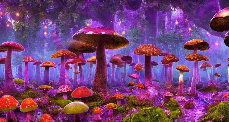 Image similar to A hyperrealistic photo of a kaleidoscopic mushroom forest, with glowing mushrooms, and pixies, 8k, ultra detailed, volumetric lighting, 70mm