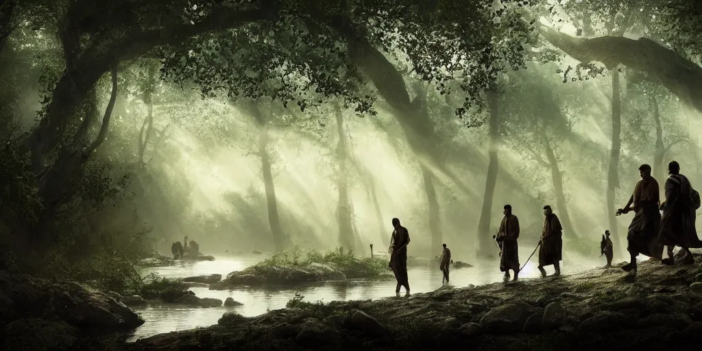 Image similar to muslim adventurers walking along the river bank in a forest, an epic fantasy, dramatic lighting, cinematic, extremely high detail, photorealistic, cinematic lighting, matte painting, artstation, by Christopher Nolan, 50mm lens, horizon forbidden west