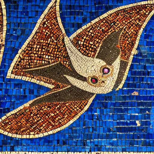 Image similar to medium shot Mosaic depicting a cute realistic adorable vampire bat, realistic wings, looking left, round blue background, from Italica, AD 176-275. Archaeological Museum, Seville. Byzantine mosaics, highly detailed, HQ, HD, beautiful, National Geographic,