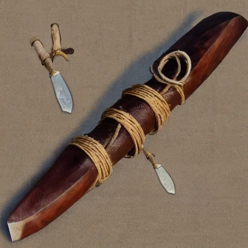 Prompt: “primitive bone dagger with leather cord wrapped around the handle”