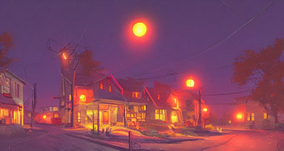 Image similar to a quaint suburban street at night with maschinen krieger, warm saturated colors, inspired by art of simon stalenhag