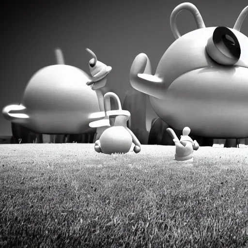 Image similar to black and white distorted Teletubbies with wide open human realistic eyes, highly detailed, sharp focus, octane render, noisy image