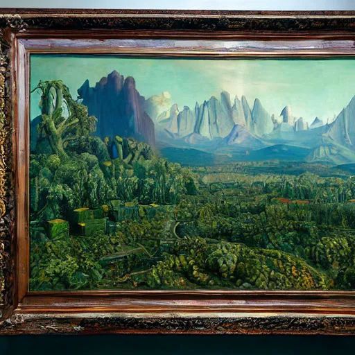 Image similar to beautiful filmed in IMAX dieselpunk painting of a beatiful scenic mountain range surrounded by grainy Zucchini hexagons, by Leonardo da Vinci and Peter Gric and Mark Rothko and Hans Andersen Brendekilde