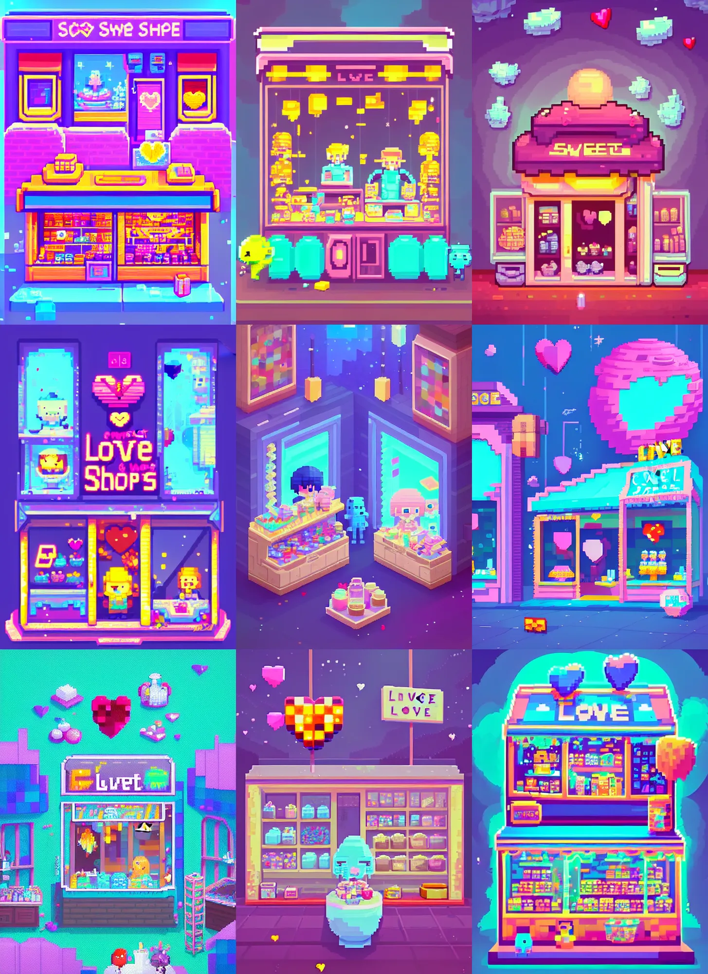 Prompt: a cute sweet cosmic shop selling love and curse by beeple, pixel game, on artstastion, # pixelart