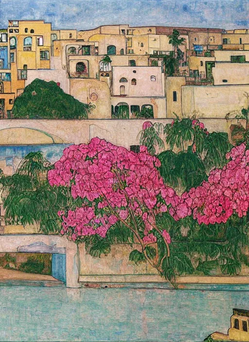 Prompt: ahwaz city in iran with a bridge on local river, 3 number house near a lot of palm trees and bougainvillea, painting by egon schiele