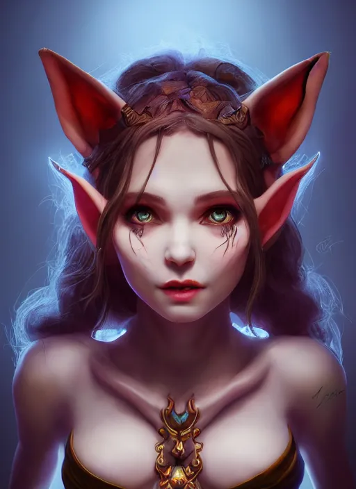 Image similar to imp demon goddess, cute elf ears, strapless dress, character portrait in the style of thomas river and artgerm, cinematic lighting, hyperdetailed, 8 k realistic, symmetrical, global illumination, radiant light,, frostbite 3 engine, cryengine, dof, trending on artstation, digital art, chanel