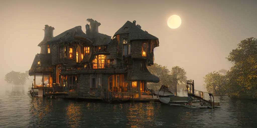 Prompt: photorealistic wide shot of a beautiful clockpunk house that floats on the water in the moonlight, octane render, unreal engine 4k, volumetric light, fog, detailed