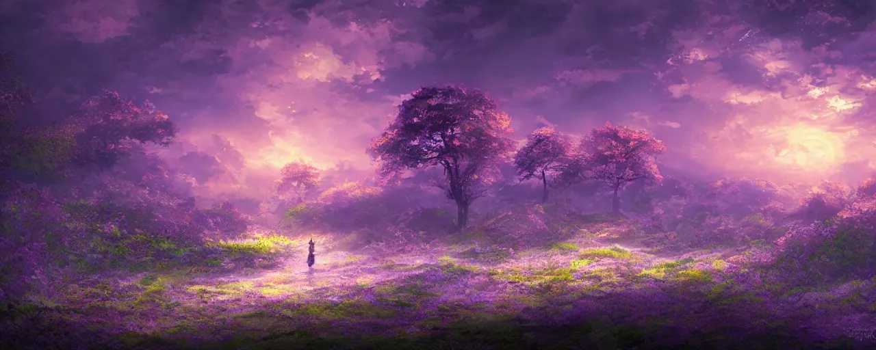 Prompt: a beautiful landscape of a sunset violet evergarden style, concept art, digital art