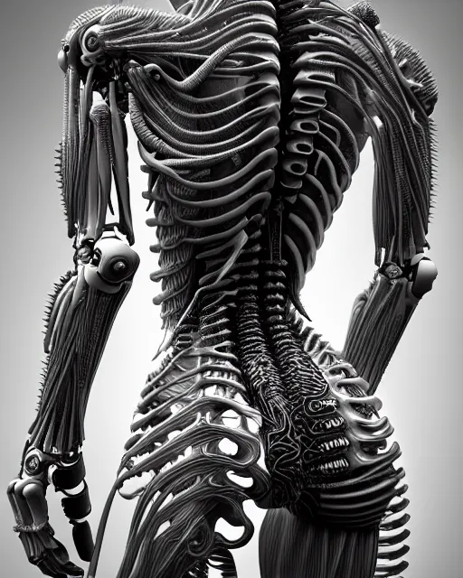 Image similar to raw bw 3 d redshift render flesh biomechanical intricate spinal ribbed jelly body detail of mechanical female vegetal - cyborg, beautiful insanely detailed, digital art, octane render, 8 k artistic photography, photo - realistic, unreal engine