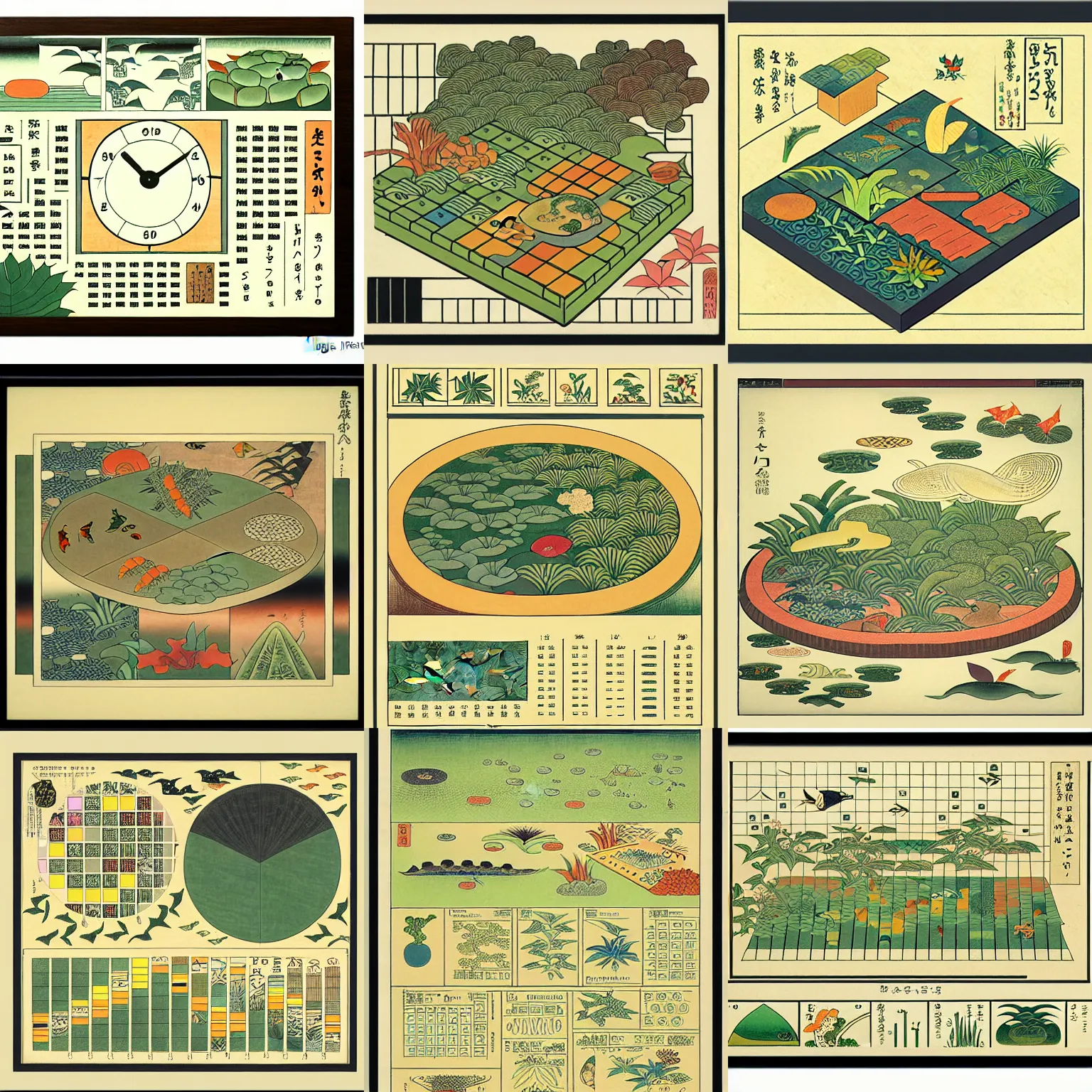 Prompt: isometric botanical dashboard with time series charts, pie plots and other modern graphics, with small creatures swimming on it. diego rivera ( ukiyo - e influence )