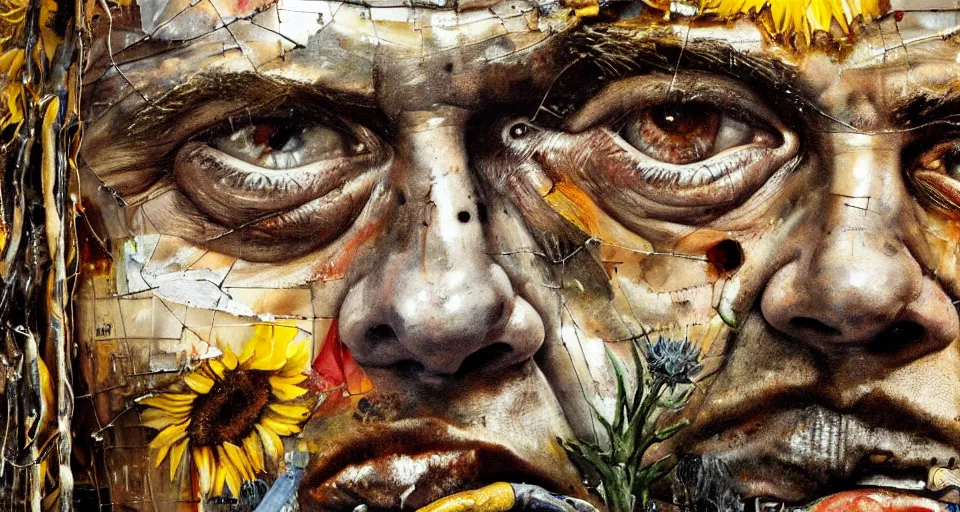 Image similar to an extreme close up portrait a very ordinary middle-aged man with a sad expression, front angle, by Anselm Kiefer and Lucian Freud and Jenny Saville, oil painting, rust, Scaffolding, rusted metal and sunflowers, iron cladding, decay, mixed media, textured, anatomically correct, beautiful perfect face, visible brushstrokes, sharp focus, Highly Detailed, Cinematic Lighting, 8k, HD