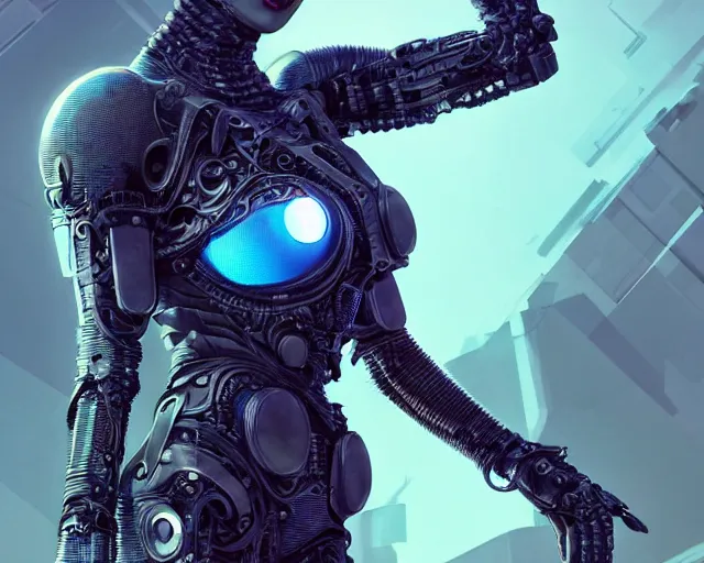 Image similar to funny blue eyes goth queen in cyborg cable suit, intricate abstract. intricate artwork, by tooth wu, wlop, beeple, dan mumford. concept art, octane render, trending on artstation, greg rutkowski very coherent symmetrical artwork. cinematic, key art, hyper realism, high detail, octane render, 8 k, iridescent accents