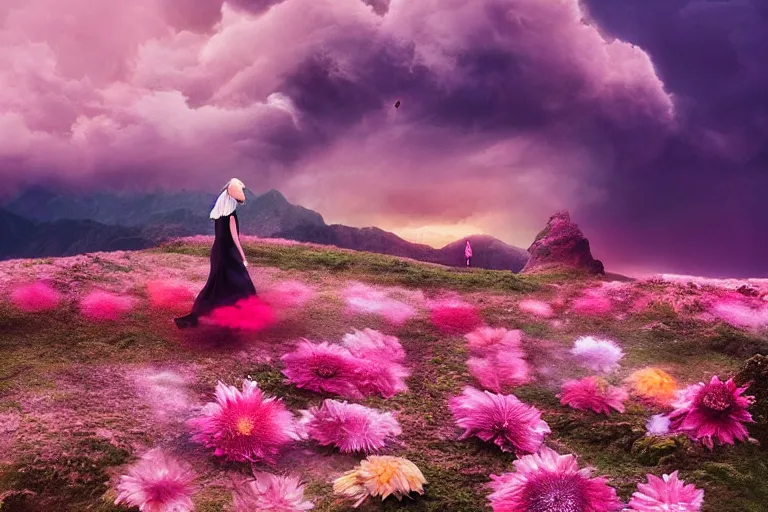 Image similar to giant dahlia flower crown under head, girl walking on dramatic mountain, surreal photography, pink storm clouds, sunset, impressionist painting, digital painting, artstation, simon stalenhag