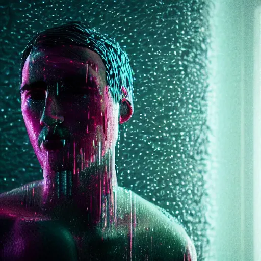 Image similar to a human made out of rain, neon, rendered in octane, unreal engine, highly detailed, realistic, beautiful, emotional