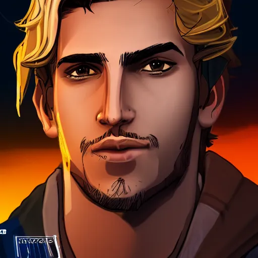 Image similar to a blond young spanish man portrait, borderlands, tales from the borderlands, the wolf among us, comic, cinematic lighting, studio quality, 8 k