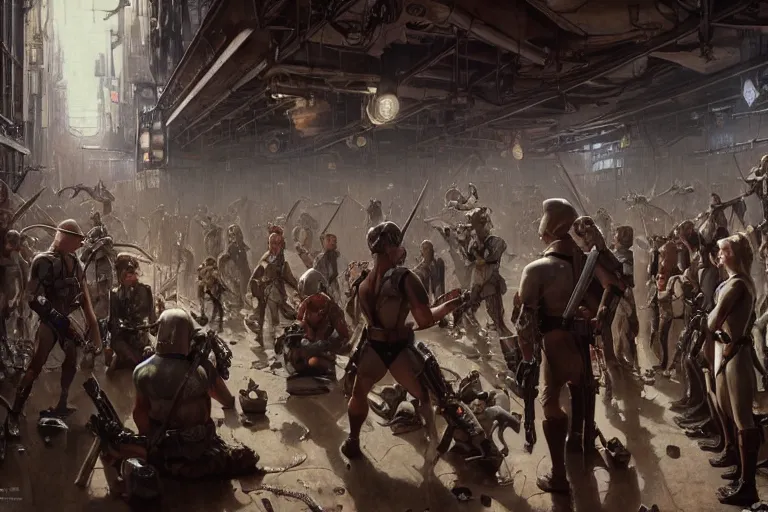 Prompt: a epic norman rockwell painting of the clone wars happening in the disealpunk cities cinematic, gritty tech, deep focus, fantasy, intricate, elegant, highly detailed, digital painting, artstation, concept art, matte, sharp focus, illustration, dark fantasy style art, resident evil, art by artgerm and greg rutkowski and alphonse mucha