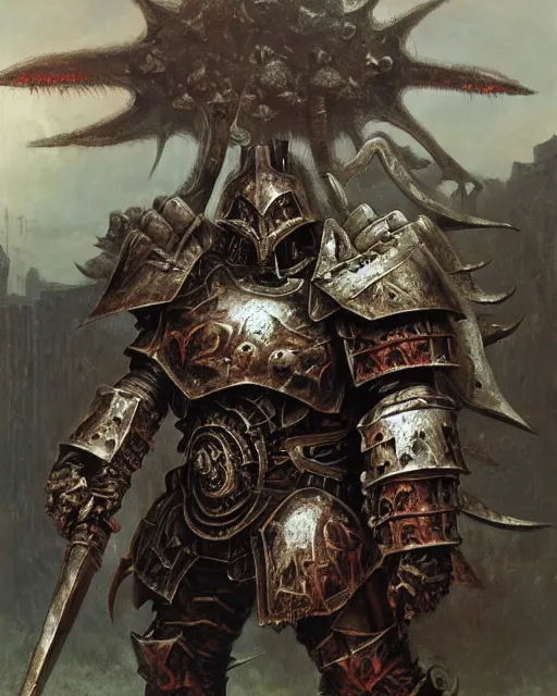 Image similar to a heavily armoured warhammer chaos warrior, by Thomas Cole and Wayne Barlowe
