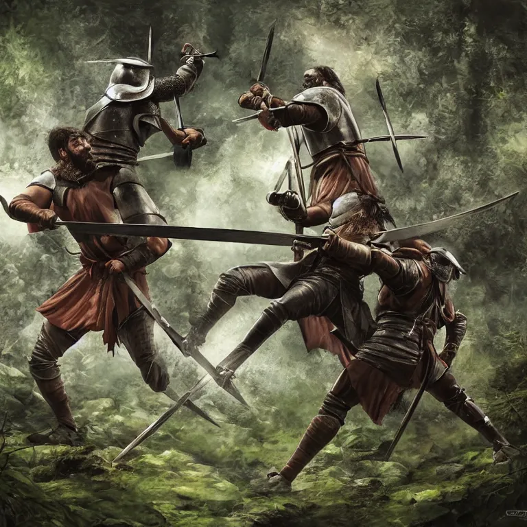 Image similar to two knights fighting with swords in forest, highly detailed, smooth, sharp focus, portrait, concept art, intricate details, fantasy poster, dark athmosphere, 8 k. lifelike. nikon d 8 5 0