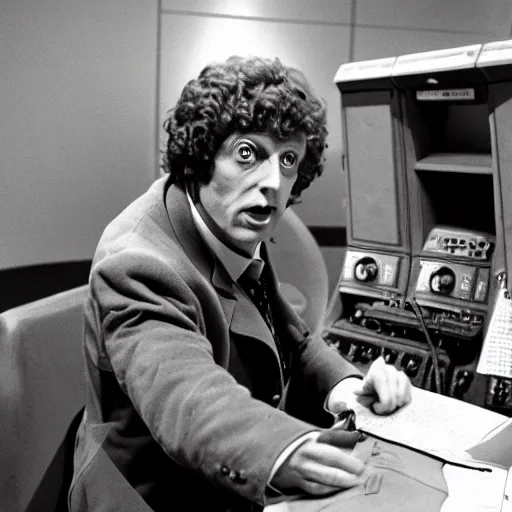 Prompt: Tom Baker as as the Doctor in his burgundy costume in the Tardis secondary control room