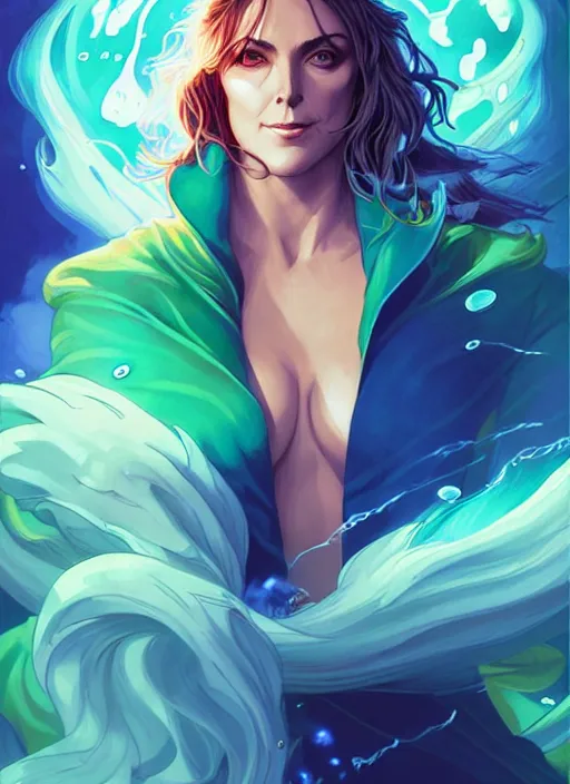 Prompt: style artgerm, joshua middleton, elizabeth hurley as a mage wearing green pelt robes, blue hair, swirling water cosmos, fantasy, dnd, cinematic lighting